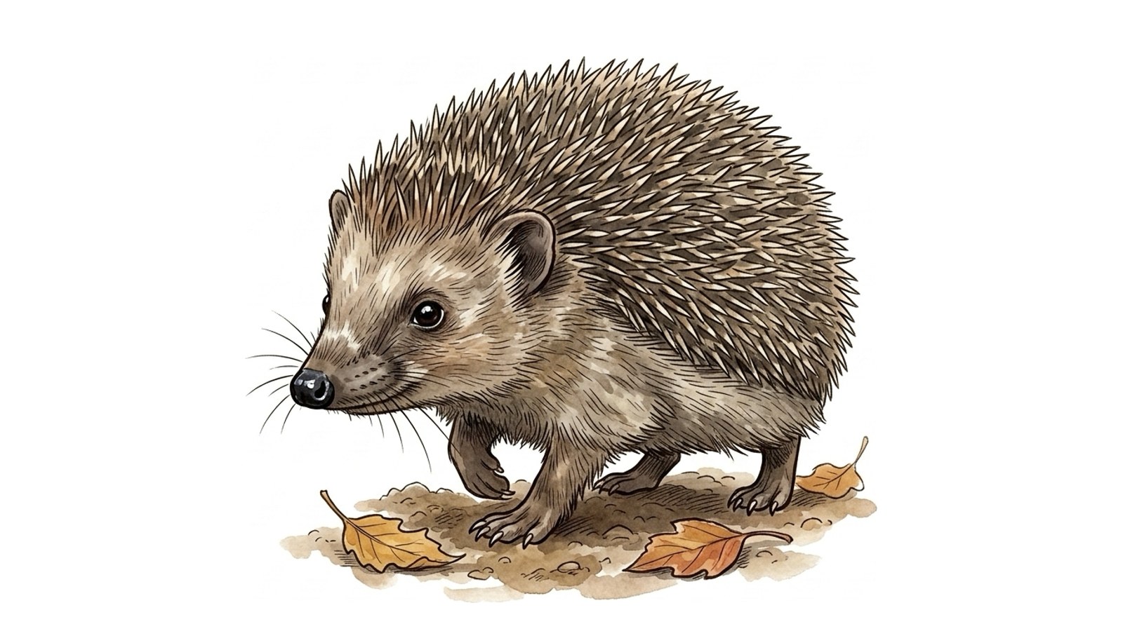 Ježek západní mezi spadaným listím, akvarelová ilustrace